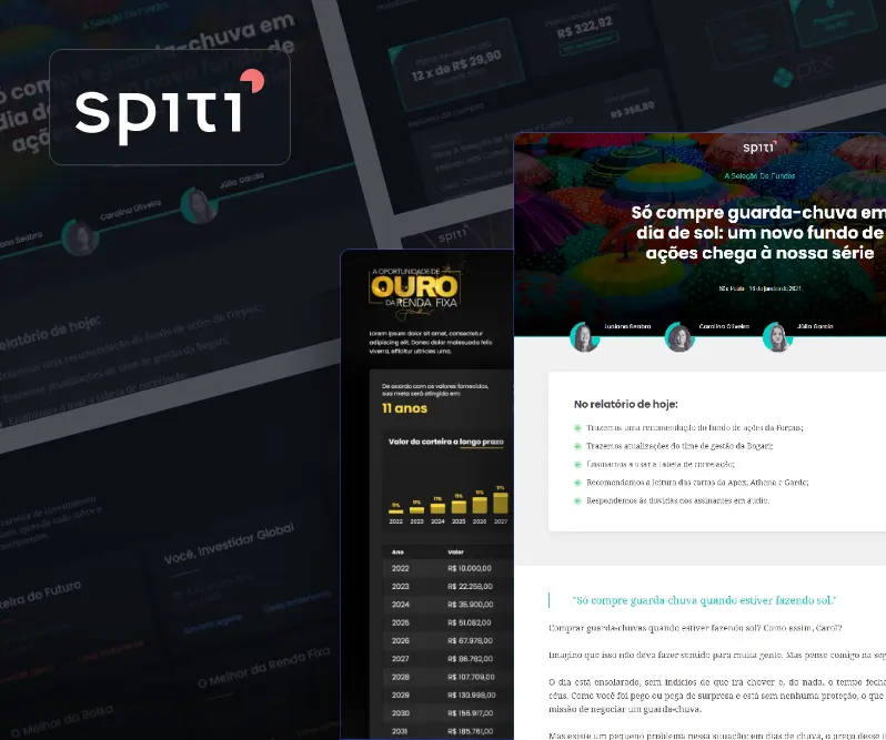 Thumb do projeto Spiti, destacando o redesign de uma landing page de campanha com foco em investimentos e fundos de ações. As telas apresentam um design moderno com títulos como 'Só compre guarda-chuva em dia de sol', promovendo um novo fundo de ações. A imagem inclui gráficos e informações detalhadas sobre oportunidades de renda fixa, com chamadas para ação, como 'Analisar agora' e 'Ver carteiras anteriores'. O projeto envolveu a reformulação visual e a implementação de UX/UI, visando proporcionar uma melhor experiência ao usuário no acompanhamento de fundos e investimentos.