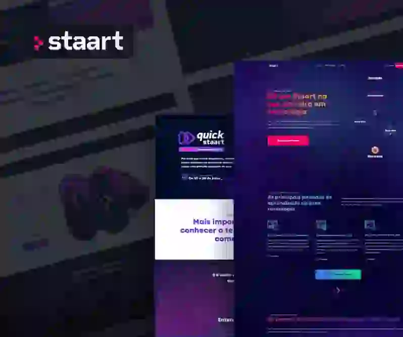 Thumb do projeto Staart mostrando o redesign de várias páginas do site, incluindo a landing page da campanha Quick Staart e a página de jornadas de aprendizado. As telas destacam o design moderno com foco em tecnologia e educação, com chamadas para ação como &#039;Quero saber mais&#039; e &#039;Quero começar agora&#039;. O projeto inclui a reformulação visual das páginas e a implementação de UX/UI, com um layout responsivo e orientado para conversão, apresentando módulos de aprendizado como Fundamentos da Programação, Desenvolvimento Front-End, e Desenvolvimento Back-End.