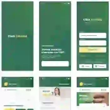 Telas do app da Click Estetika, mostrando as telas de login, informação de CEP, página inicial e páginas da profissional e seus serviços