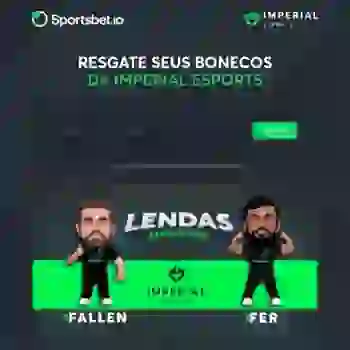 Tela da landing page da campanha mostrando os logos da Sportsbet e Imperial Esports, a chamada da campanha Resgate seus bonecos da Imperial Sportes, abaixo o campo para inserir o código da campanha e a imagem dos dois bonecos com o logo da campanha ao centro entre eles