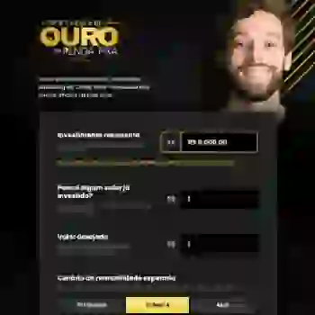 Tela da ferramenta com o logo A Oportunidade de Ouro da Renda Fixa mostrando o rosto do especialista Guilherme, abaixo o formulário para preencher os dados de investimentos e as escolhas entre pessimista, otimista e base