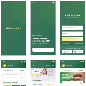 Telas do app da Click Estetika, mostrando as telas de login, informação de CEP, página inicial e páginas da profissional e seus serviços