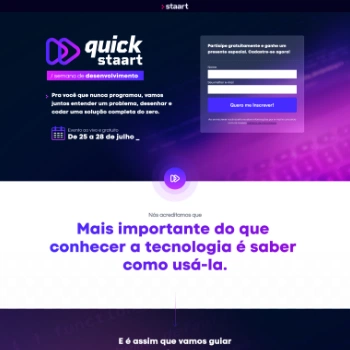 Tela da landing page contendo o logo da campanha, o formulário de inscrição junto a data do evento em um fundo escuro com degradê para o roxo e abaixo uma frase impactante