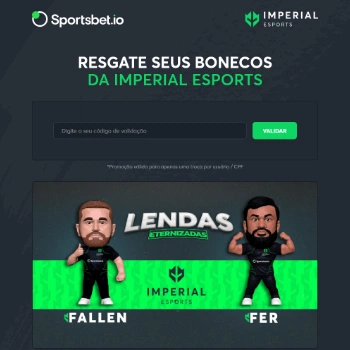 Tela da landing page da campanha mostrando os logos da Sportsbet e Imperial Esports, a chamada da campanha Resgate seus bonecos da Imperial Sportes, abaixo o campo para inserir o código da campanha e a imagem dos dois bonecos com o logo da campanha ao centro entre eles